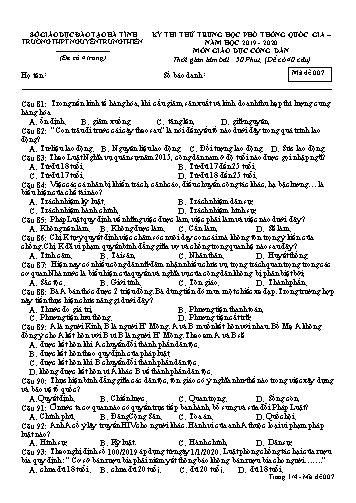 Đề thi thử môn GDCD - Kỳ thi thử THPT Quốc gia - Năm học 2019-2020 - Trường THPT Nguyễn Trung Thiên - Mã đề 007 (Kèm đáp án)