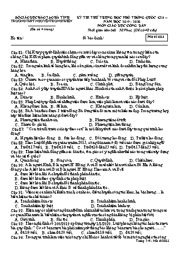 Đề thi thử môn GDCD - Kỳ thi thử THPT Quốc gia - Năm học 2019-2020 - Trường THPT Nguyễn Trung Thiên - Mã đề 003 (Kèm đáp án)