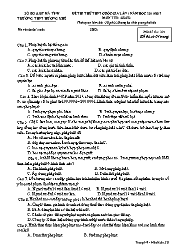 Đề thi thử môn GDCD Lớp 12 - Kỳ thi THPT Quốc gia - Năm học 2016-2017 - Trường THPT Hương Khê - Mã đề 321 (Kèm đáp án)