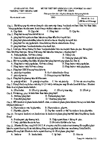 Đề thi thử môn GDCD Lớp 12 - Kỳ thi THPT Quốc gia - Năm học 2016-2017 - Trường THPT Hương Khê - Mã đề 213 (Kèm đáp án)