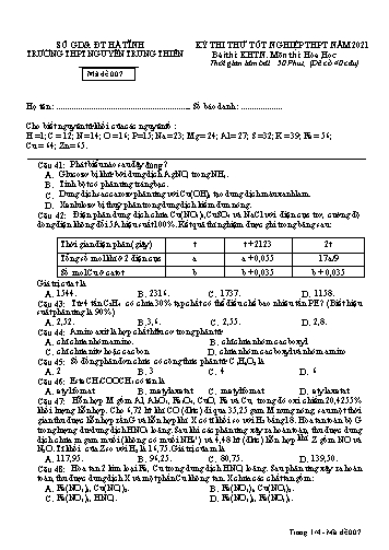 Đề thi thử môn Hóa học - Kỳ thi thử Tốt nghiệp THPT năm 2021 - Trường THPT Nguyễn Trung Thiên - Mã đề 006 (Kèm đáp án)