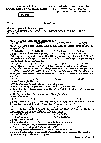 Đề thi thử môn Hóa học - Kỳ thi thử Tốt nghiệp THPT năm 2021 - Trường THPT Nguyễn Trung Thiên - Mã đề 008 (Kèm đáp án)