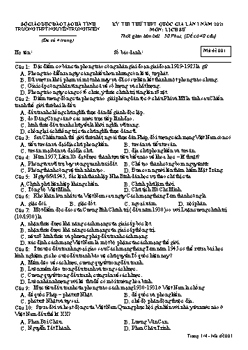 Đề thi thử môn Lịch sử - Kỳ thi thử THPT Quốc gia lần 1 năm 2021 - Trường THPT Nguyễn Trung Thiên - Mã đề 001 (Kèm đáp án)