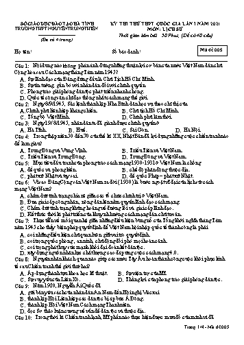Đề thi thử môn Lịch sử - Kỳ thi thử THPT Quốc gia lần 1 năm 2021 - Trường THPT Nguyễn Trung Thiên - Mã đề 005 (Kèm đáp án)