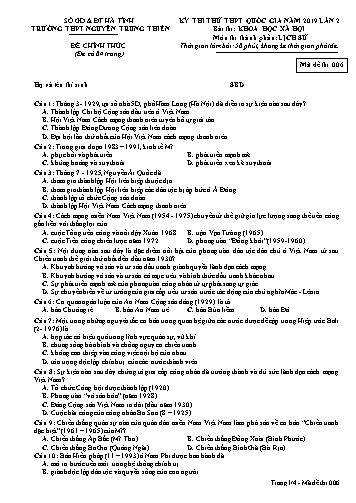 Đề thi thử môn Lịch sử - Kỳ thi thử THPT Quốc gia năm 2019 lần 2- Trường THPT Nguyễn Trung Thiên - Mã đề 006 (Kèm đáp án)
