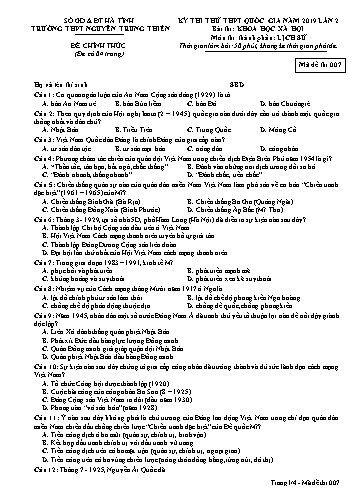Đề thi thử môn Lịch sử - Kỳ thi thử THPT Quốc gia năm 2019 lần 2- Trường THPT Nguyễn Trung Thiên - Mã đề 007 (Kèm đáp án)