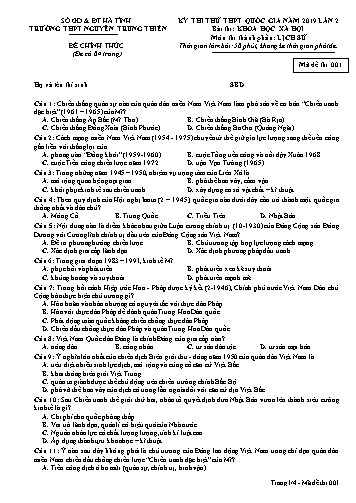 Đề thi thử môn Lịch sử - Kỳ thi thử THPT Quốc gia năm 2019 lần 2- Trường THPT Nguyễn Trung Thiên - Mã đề 001 (Kèm đáp án)