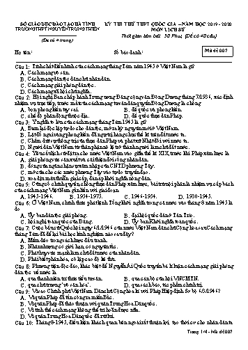 Đề thi thử môn Lịch sử - Kỳ thi thử THPT Quốc gia - Năm học 2019-2020 - Trường THPT Nguyễn Trung Thiên - Mã đề 007 (Kèm đáp án)