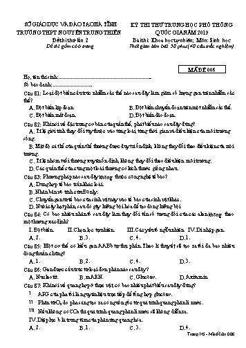 Đề thi thử môn Sinh học - Kỳ thi thử THPT Quốc gia lần 2 năm 2019 - Trường THPT Nguyễn Trung Thiên - Mã đề 006 (Kèm đáp án)