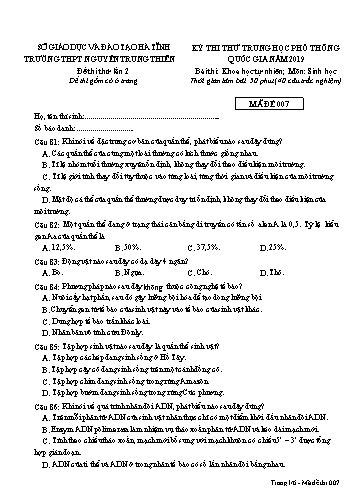 Đề thi thử môn Sinh học - Kỳ thi thử THPT Quốc gia lần 2 năm 2019 - Trường THPT Nguyễn Trung Thiên - Mã đề 007 (Kèm đáp án)