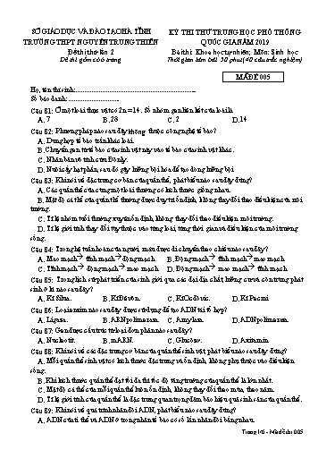 Đề thi thử môn Sinh học - Kỳ thi thử THPT Quốc gia lần 2 năm 2019 - Trường THPT Nguyễn Trung Thiên - Mã đề 005 (Kèm đáp án)