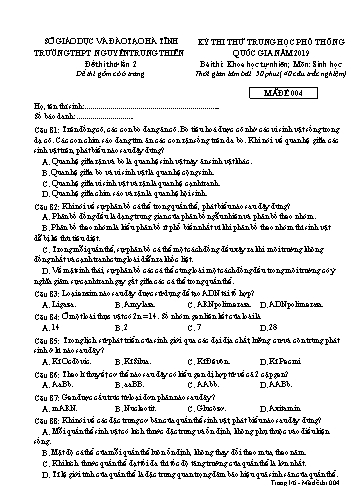 Đề thi thử môn Sinh học - Kỳ thi thử THPT Quốc gia lần 2 năm 2019 - Trường THPT Nguyễn Trung Thiên - Mã đề 004 (Kèm đáp án)