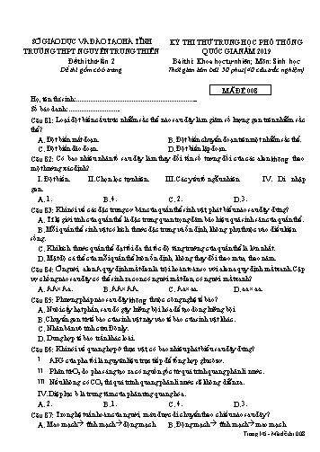 Đề thi thử môn Sinh học - Kỳ thi thử THPT Quốc gia lần 2 năm 2019 - Trường THPT Nguyễn Trung Thiên - Mã đề 008 (Kèm đáp án)