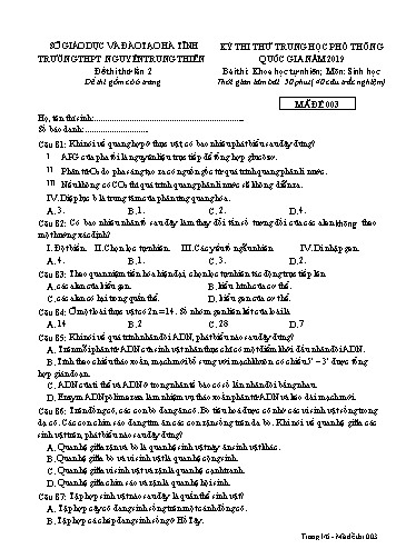 Đề thi thử môn Sinh học - Kỳ thi thử THPT Quốc gia lần 2 năm 2019 - Trường THPT Nguyễn Trung Thiên - Mã đề 003 (Kèm đáp án)