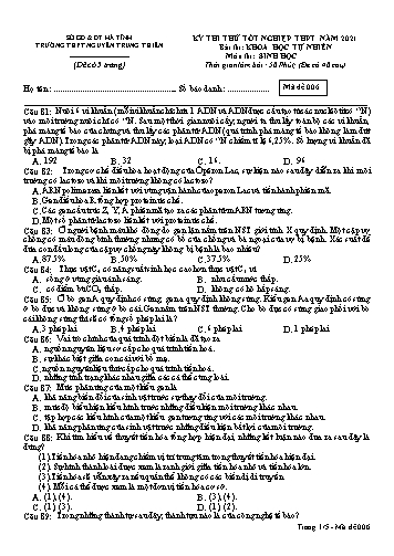 Đề thi thử môn Sinh học - Kỳ thi thử tốt nghiệp THPT năm 2021 - Trường THPT Nguyễn Trung Thiên - Mã đề 006 (Kèm đáp án)