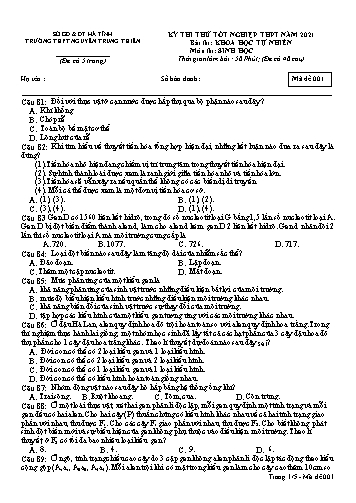 Đề thi thử môn Sinh học - Kỳ thi thử tốt nghiệp THPT năm 2021 - Trường THPT Nguyễn Trung Thiên - Mã đề 001 (Kèm đáp án)