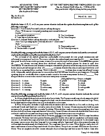 Đề thi thử môn Tiếng Anh - Kỳ thi thử THPT Quốc gia lần 2 năm 2019 - Trường THPT Nguyễn Trung Thiên - Mã đề 006 (Kèm đáp án)