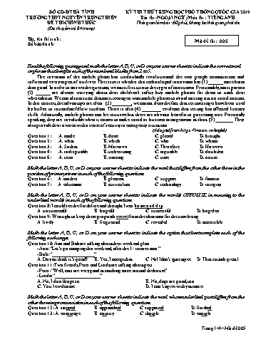 Đề thi thử môn Tiếng Anh - Kỳ thi thử THPT Quốc gia lần 2 năm 2019 - Trường THPT Nguyễn Trung Thiên - Mã đề 005 (Kèm đáp án)