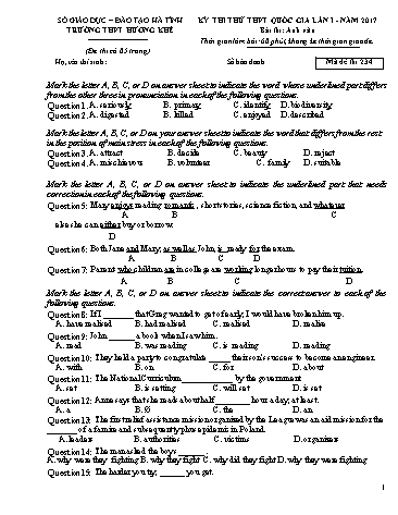 Đề thi thử môn Tiếng Anh Lớp 12 - Kỳ thi THPT Quốc gia - Năm học 2016-2017 - Trường THPT Hương Khê - Mã đề 234 (Kèm đáp án)