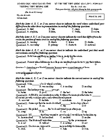 Đề thi thử môn Tiếng Anh Lớp 12 - Kỳ thi THPT Quốc gia - Năm học 2016-2017 - Trường THPT Hương Khê - Mã đề 345 (Kèm đáp án)