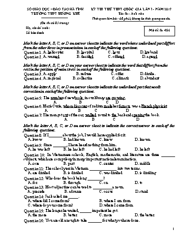 Đề thi thử môn Tiếng Anh Lớp 12 - Kỳ thi THPT Quốc gia - Năm học 2016-2017 - Trường THPT Hương Khê - Mã đề 456 (Kèm đáp án)