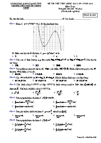 Đề thi thử môn Toán - Kỳ thi THPT Quốc gia lần 1 năm 2019 - Trường THPT Nguyễn Trung Thiên - Mã đề 004 (Kèm đáp án)