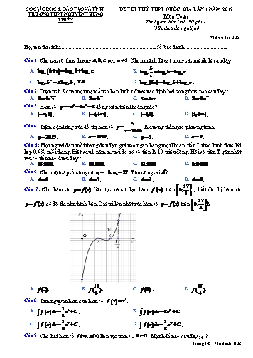 Đề thi thử môn Toán - Kỳ thi THPT Quốc gia lần 1 năm 2019 - Trường THPT Nguyễn Trung Thiên - Mã đề 008 (Kèm đáp án)