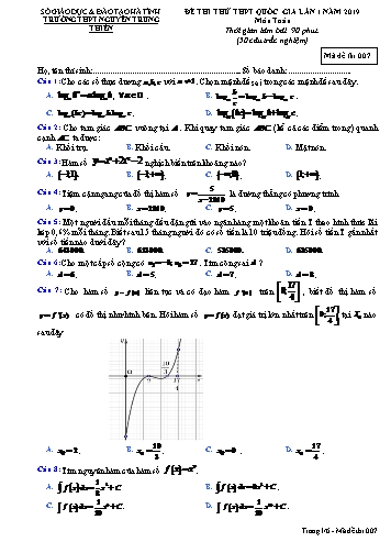 Đề thi thử môn Toán - Kỳ thi THPT Quốc gia lần 1 năm 2019 - Trường THPT Nguyễn Trung Thiên - Mã đề 007 (Kèm đáp án)