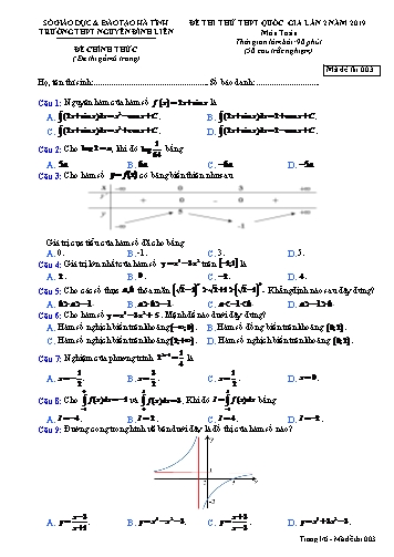 Đề thi thử môn Toán - Kỳ thi thử THPT Quốc gia lần 2 năm 2019 - Trường THPT Nguyễn Trung Thiên - Mã đề 003 (Kèm đáp án)