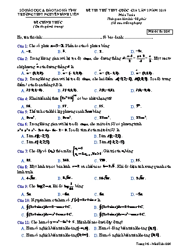 Đề thi thử môn Toán - Kỳ thi thử THPT Quốc gia lần 2 năm 2019 - Trường THPT Nguyễn Trung Thiên - Mã đề 004 (Kèm đáp án)