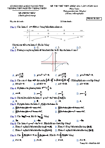 Đề thi thử môn Toán - Kỳ thi thử THPT Quốc gia lần 2 năm 2019 - Trường THPT Nguyễn Trung Thiên - Mã đề 001 (Kèm đáp án)