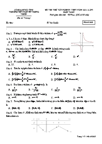 Đề thi thử môn Toán - Kỳ thi thử tốt nghiệp THPT năm 2021 - Trường THPT Nguyễn Trung Thiên - Mã đề 005 (Kèm đáp án)