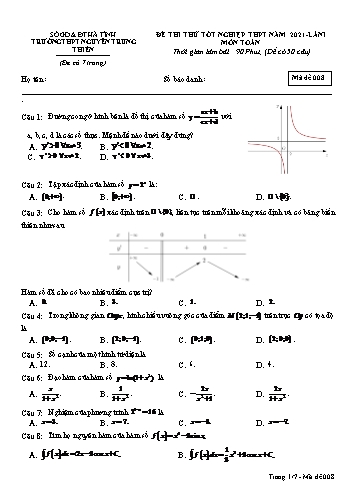 Đề thi thử môn Toán - Kỳ thi thử tốt nghiệp THPT năm 2021 - Trường THPT Nguyễn Trung Thiên - Mã đề 008 (Kèm đáp án)