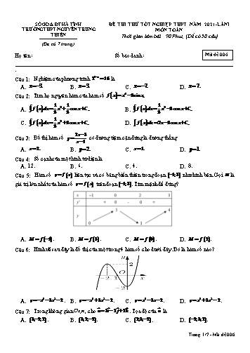 Đề thi thử môn Toán - Kỳ thi thử tốt nghiệp THPT năm 2021 - Trường THPT Nguyễn Trung Thiên - Mã đề 006 (Kèm đáp án)