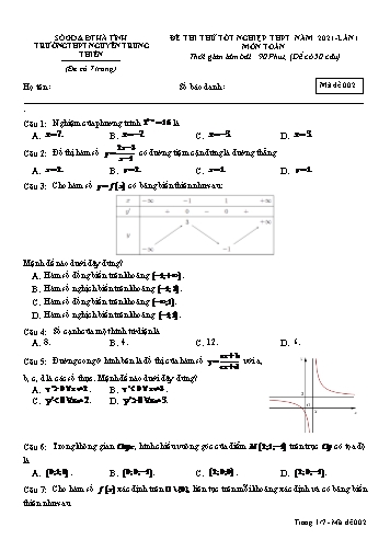 Đề thi thử môn Toán - Kỳ thi thử tốt nghiệp THPT năm 2021 - Trường THPT Nguyễn Trung Thiên - Mã đề 002 (Kèm đáp án)