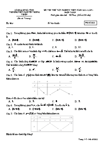 Đề thi thử môn Toán - Kỳ thi thử tốt nghiệp THPT năm 2021 - Trường THPT Nguyễn Trung Thiên - Mã đề 003 (Kèm đáp án)