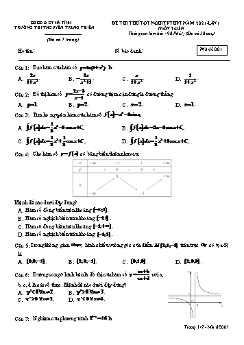 Đề thi thử môn Toán - Kỳ thi thử tốt nghiệp THPT năm 2021 - Trường THPT Nguyễn Trung Thiên - Mã đề 001 (Kèm đáp án)