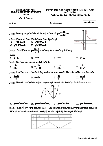 Đề thi thử môn Toán - Kỳ thi thử tốt nghiệp THPT năm 2021 - Trường THPT Nguyễn Trung Thiên - Mã đề 007 (Kèm đáp án)