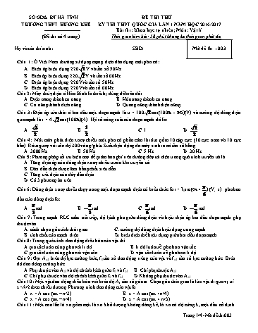 Đề thi thử môn Vật lí Lớp 12 - Kỳ thi THPT Quốc gia - Năm học 2016-2017 - Trường THPT Hương Khê - Mã đề 003 (Kèm đáp án)