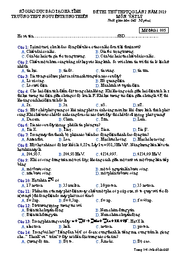 Đề thi thử môn Vật lý - Kỳ thi thử THPT Quốc gia lần 2 năm 2019 - Trường THPT Nguyễn Trung Thiên - Mã đề 005 (Kèm đáp án)