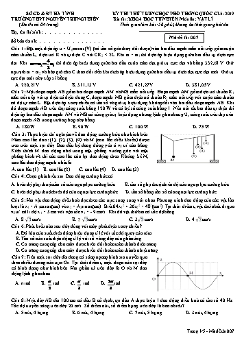 Đề thi thử môn Vật lý - Kỳ thi thử THPT Quốc gia năm 2019 - Trường THPT Nguyễn Trung Thiên - Mã đề 007 (Kèm đáp án)