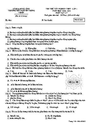Đề thi thử môn Vật lý - Kỳ thi thử tốt nghiệp THPT - Năm học 2020-2021 - Trường THPT Nguyễn Trung Thiên - Mã đề 002 (Kèm đáp án)