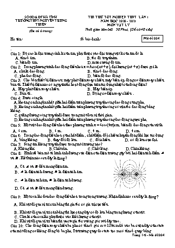 Đề thi thử môn Vật lý - Kỳ thi thử tốt nghiệp THPT - Năm học 2020-2021 - Trường THPT Nguyễn Trung Thiên - Mã đề 004 (Kèm đáp án)