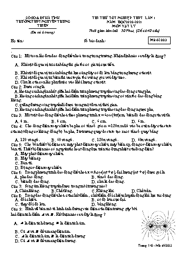 Đề thi thử môn Vật lý - Kỳ thi thử tốt nghiệp THPT - Năm học 2020-2021 - Trường THPT Nguyễn Trung Thiên - Mã đề 003 (Kèm đáp án)