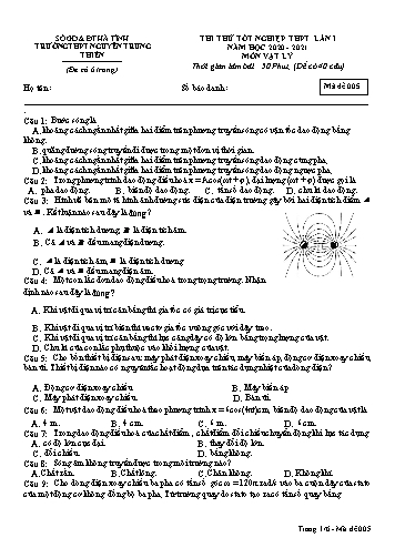 Đề thi thử môn Vật lý - Kỳ thi thử tốt nghiệp THPT - Năm học 2020-2021 - Trường THPT Nguyễn Trung Thiên - Mã đề 005 (Kèm đáp án)