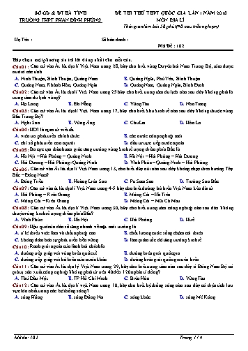 Đề thi thử THPT Quốc gia lần 1 năm 2018 môn Địa lí - Trường THPT Phan Đình Phùng - Mã đề 102+704 (Kèm đáp án)