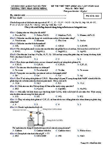 Đề thi thử THPT Quốc gia lần 1 năm 2018 môn Hóa học - Trường THPT Phan Đình Phùng - Mã đề 003 (Kèm đáp án)