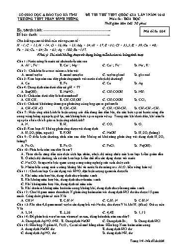 Đề thi thử THPT Quốc gia lần 1 năm 2018 môn Hóa học - Trường THPT Phan Đình Phùng - Mã đề 004 (Kèm đáp án)
