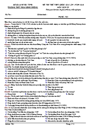 Đề thi thử THPT Quốc gia lần 1 năm 2018 môn Lịch sử - Trường THPT Phan Đình Phùng - Mã đề 702+504 (Kèm đáp án)