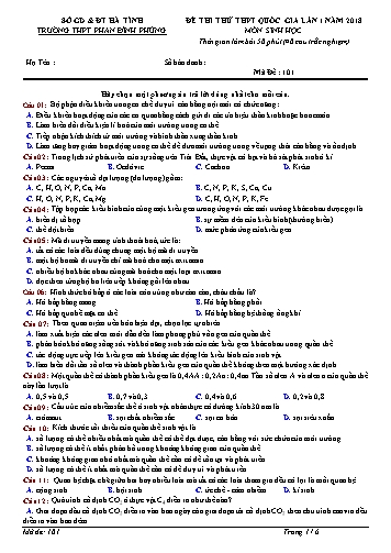 Đề thi thử THPT Quốc gia lần 1 năm 2018 môn Sinh học - Trường THPT Phan Đình Phùng - Mã đề 101+503 (Kèm đáp án)